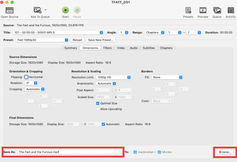 HandBrake保存先とファイル名を指定