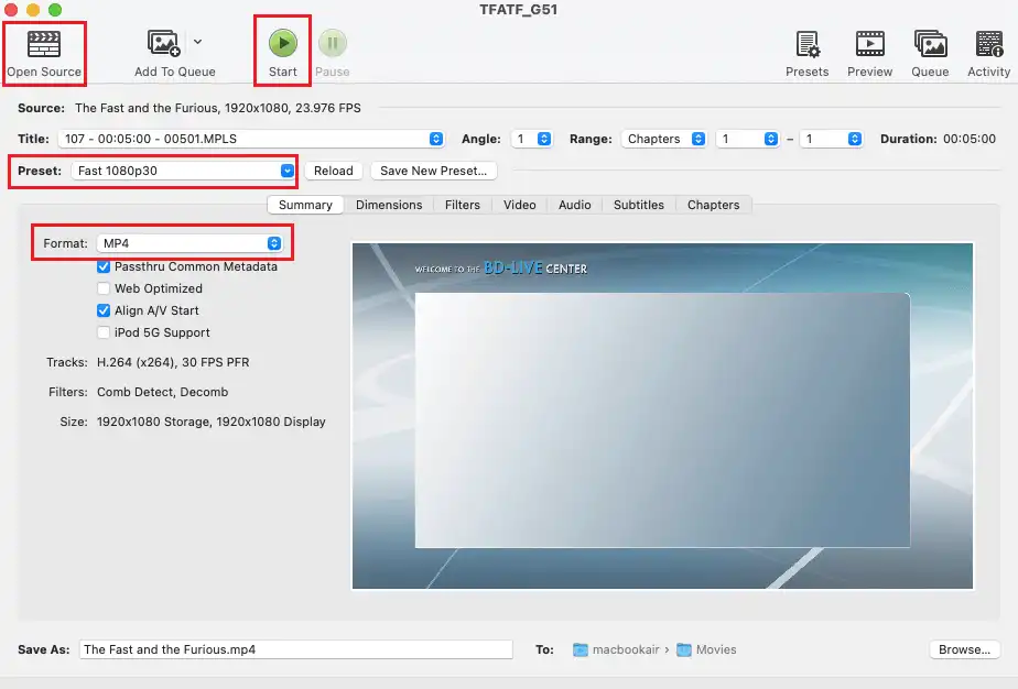 HandBrake保存形式とプリセットを選択